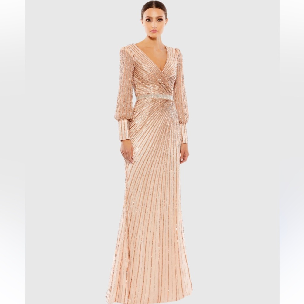 MAC DUGGal. SEQUINED WRAP OVER BISHOP SLEEVE GOWN Size 12